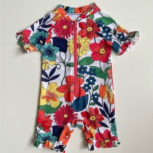 Grand Everest Floral Zip-Up Rash Guard Swimsuit with Ruffles at Sleeve & Leg